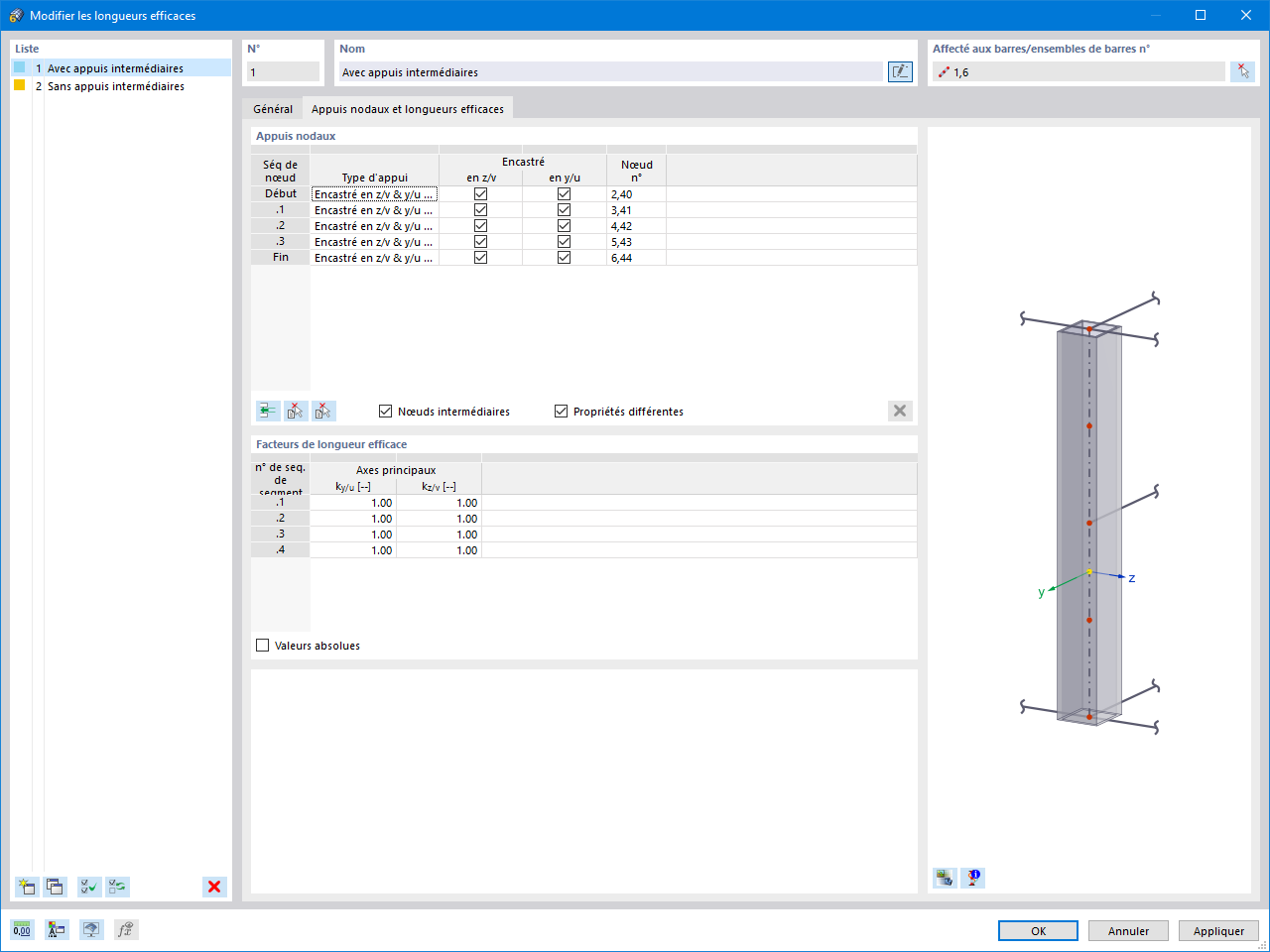 Définition des longueurs de flambement pour la vérification de la stabilité en vérification de l’aluminium avec la configuration des appuis nodaux et des coefficients de longueur de flambement.