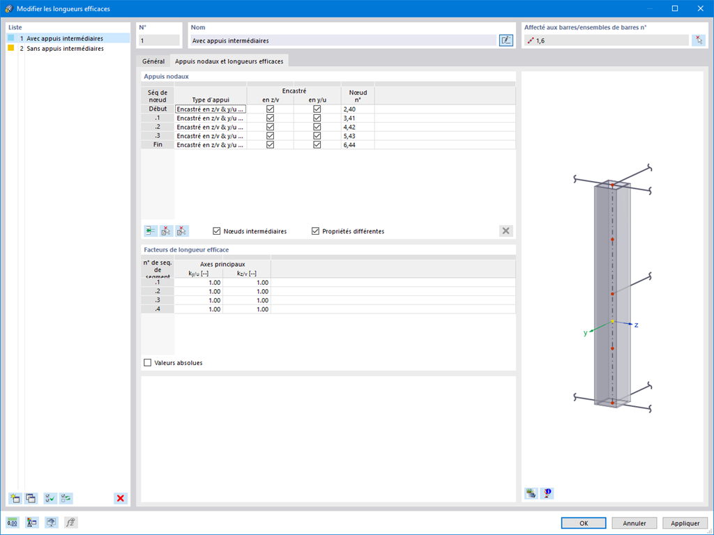 Définition des longueurs de flambement pour la vérification de la stabilité en vérification de l’aluminium avec la configuration des appuis nodaux et des coefficients de longueur de flambement.