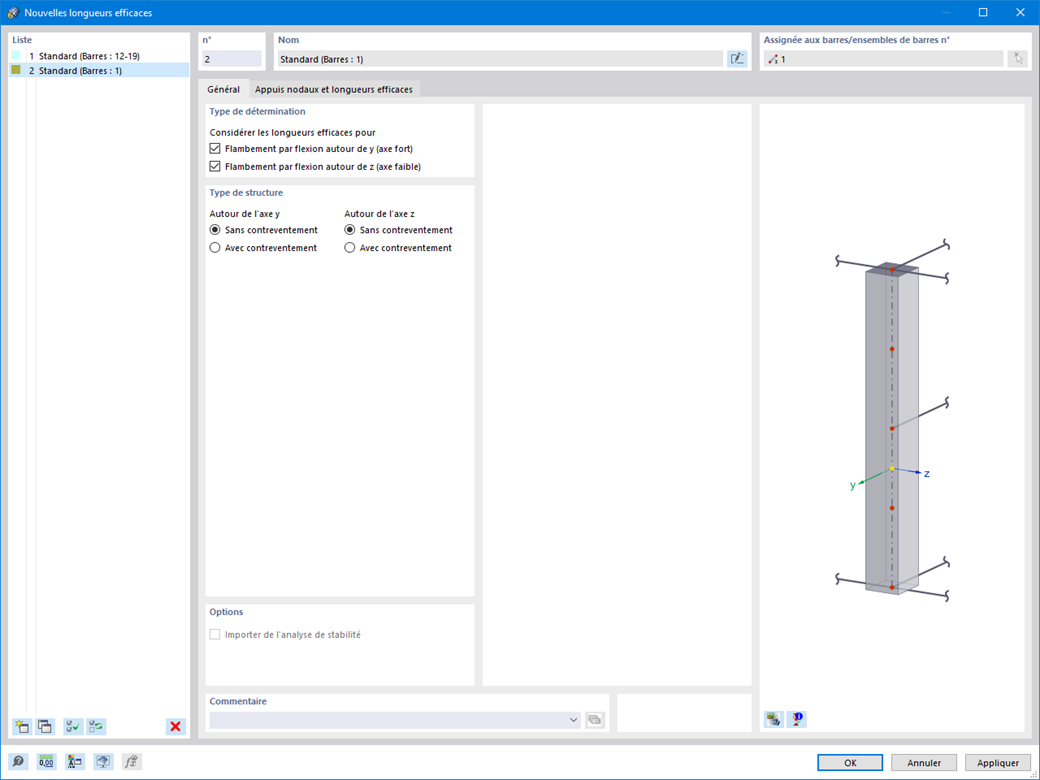 Le tableau montre les longueurs de flambement pour le dimensionnement des poteaux en béton dans le logiciel. Essentiel pour des analyses précises des structures.