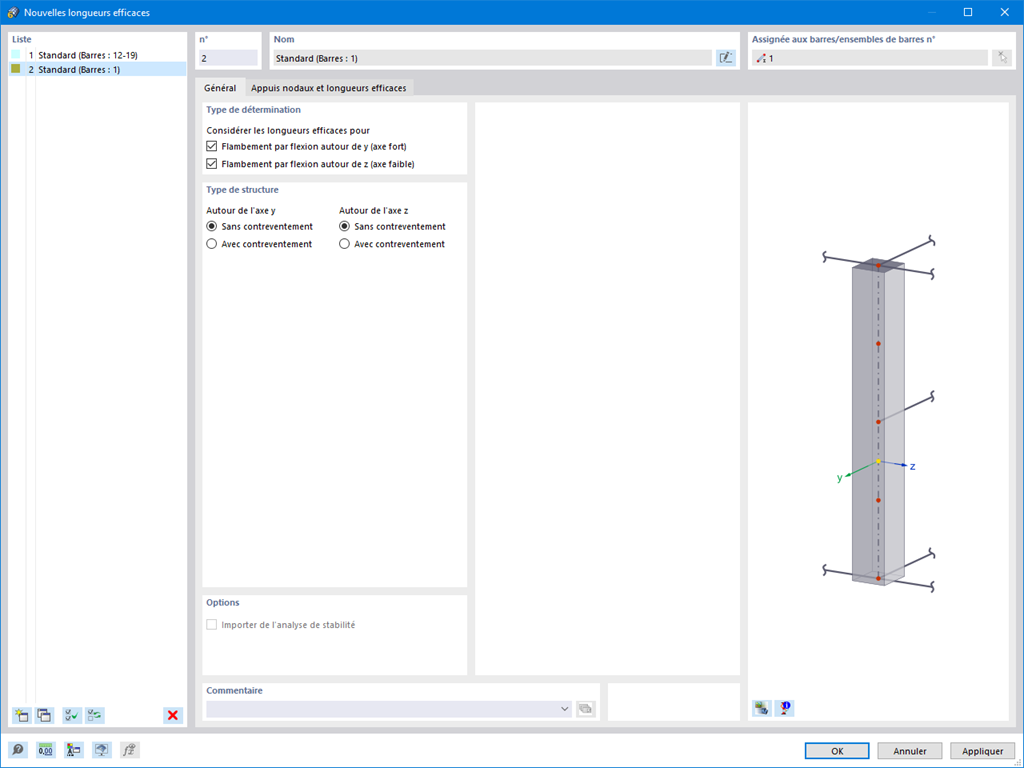 Le tableau montre les longueurs de flambement pour le dimensionnement des poteaux en béton dans le logiciel. Essentiel pour des analyses précises des structures.