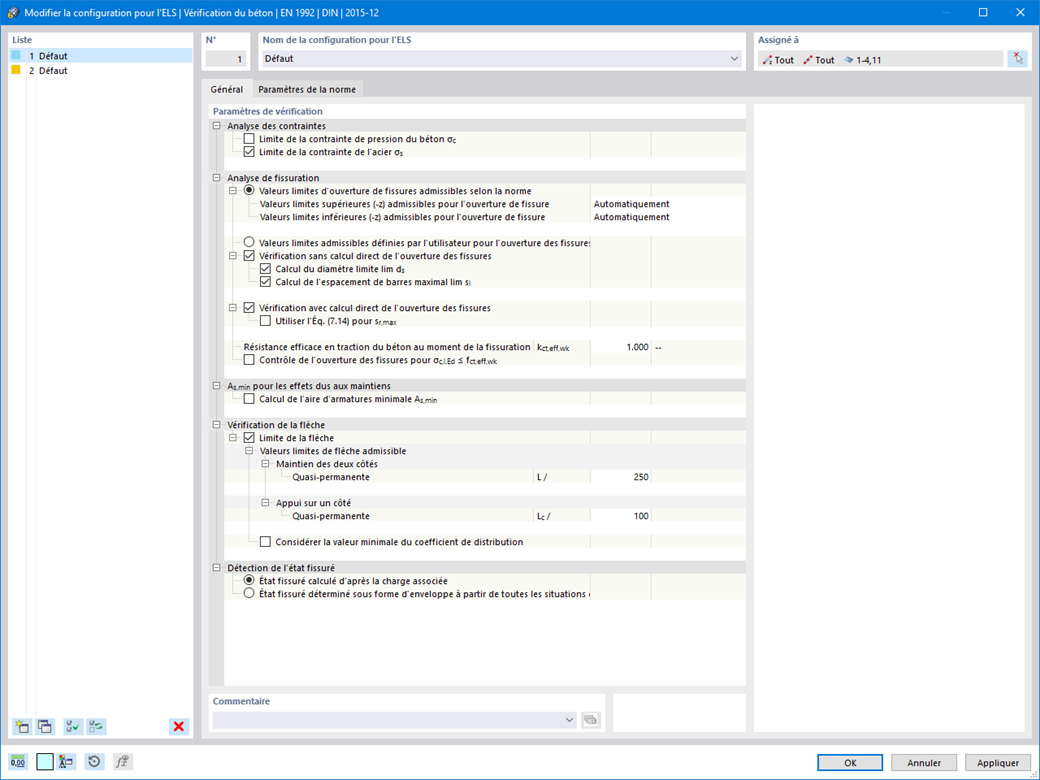 Vue de la configuration pour l’ELS pour la déformation du béton dans l’environnement RFEM 6.