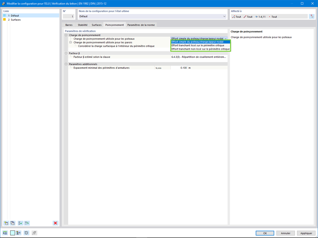 Interface de configuration pour le poinçonnement des structures béton dans RFEM.