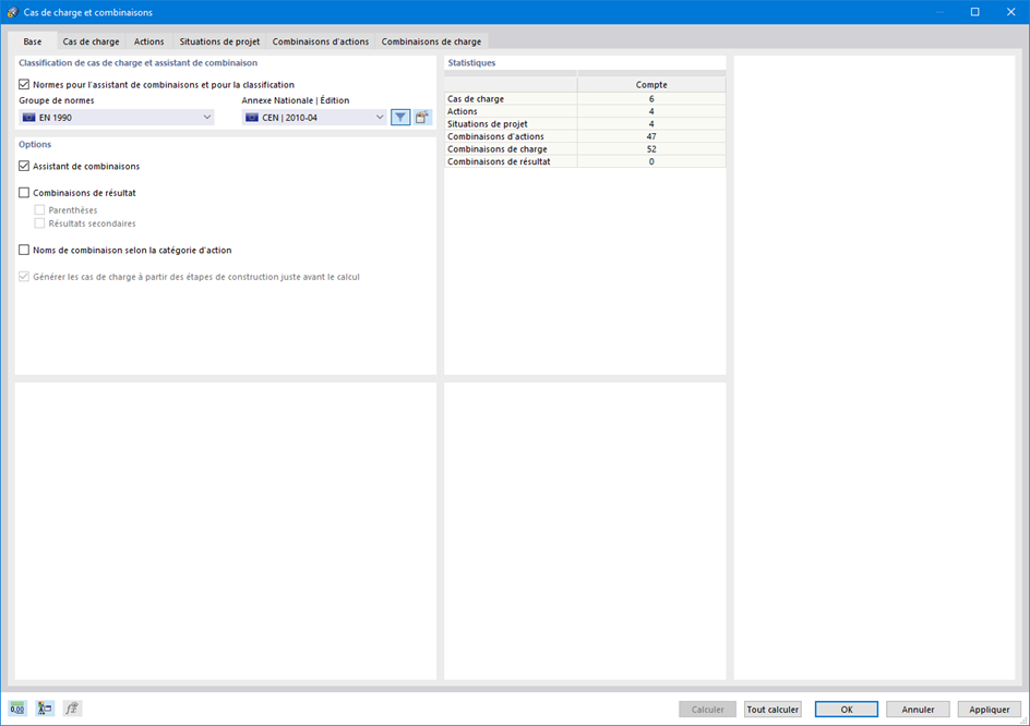 Boite de dialogue « Cas de charge et combinaisons », onglet « Général »