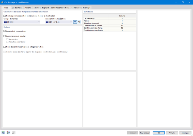 Boite de dialogue « Cas de charge et combinaisons », onglet « Général »