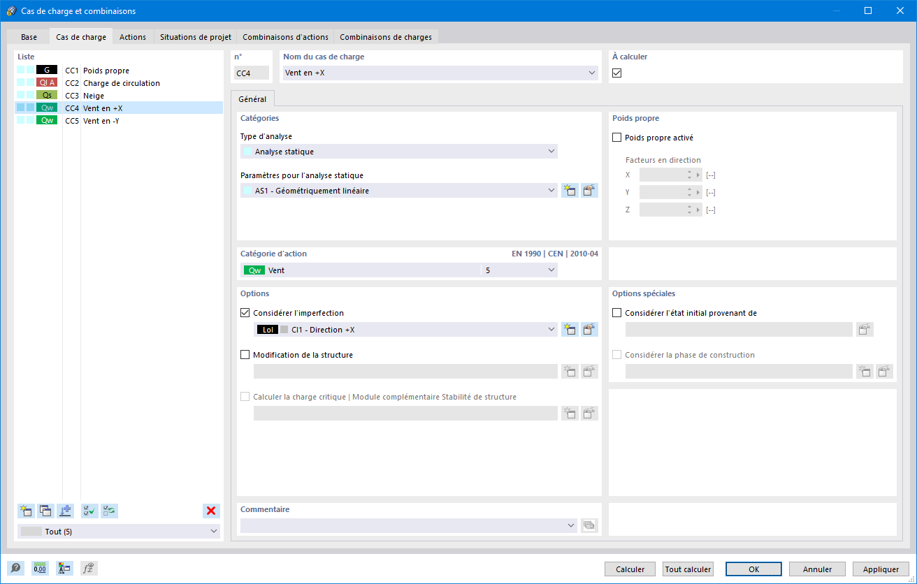 Boîte de dialogue « Cas de charge et combinaisons », onglet « Cas de charge »