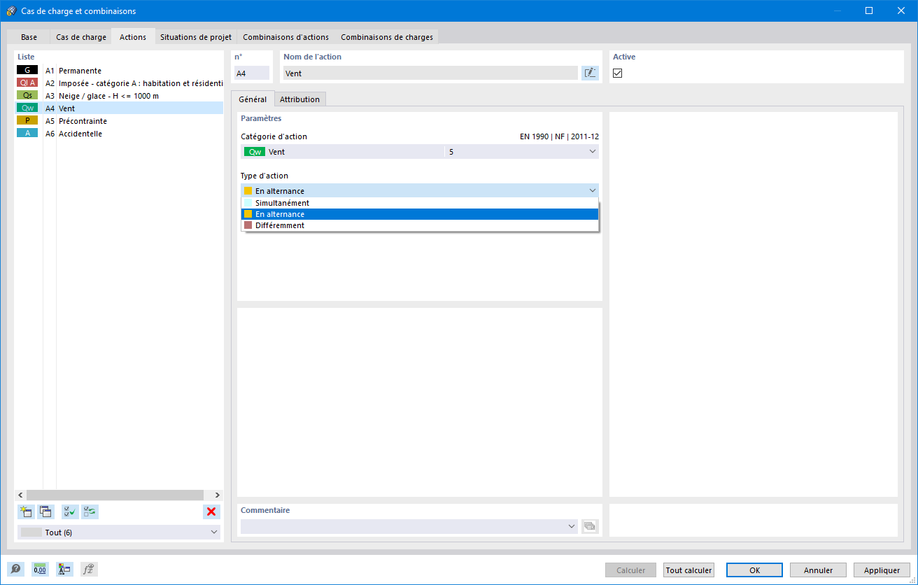 Boîte de dialogue « Cas de charge et combinaisons », onglet « Actions »