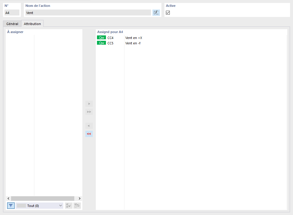 Action « Vent » avec les cas de charge assignés