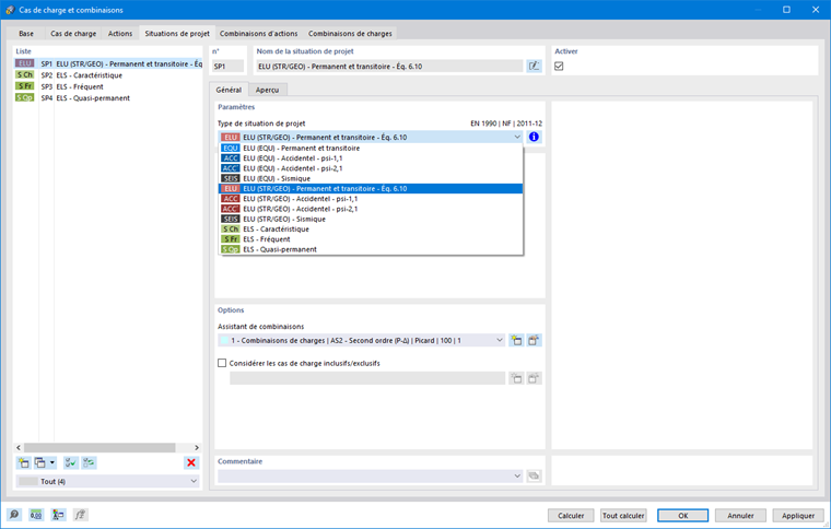 Boîte de dialogue « Cas de charges et combinaisons », onglet « Situations de projet »