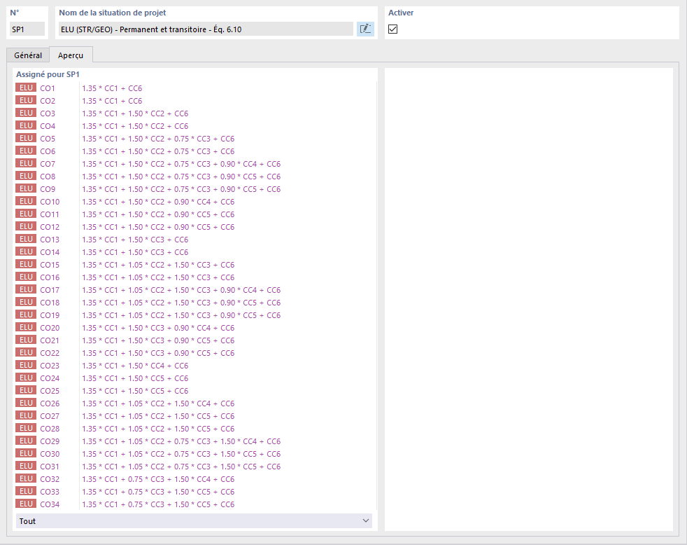 Aperçu des combinaisons de charges pour la situation de projet