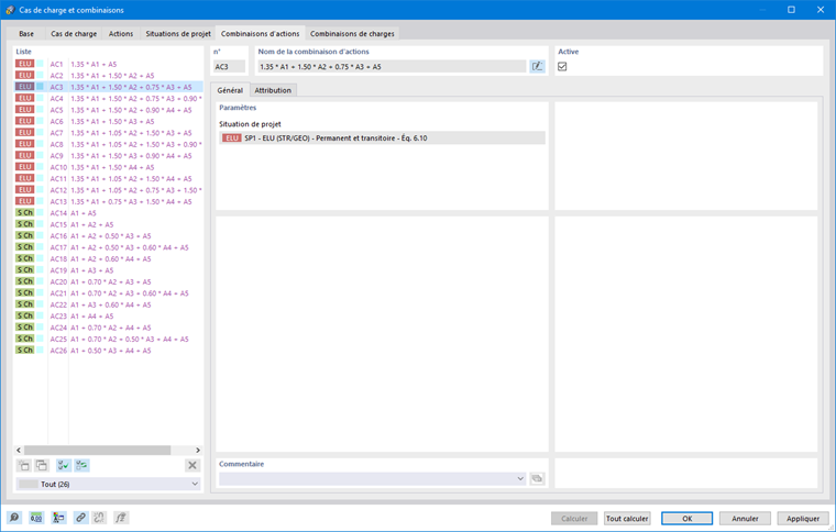 Boîte de dialogue « Cas de charge et combinaisons », onglet « Combinaisons d’actions »