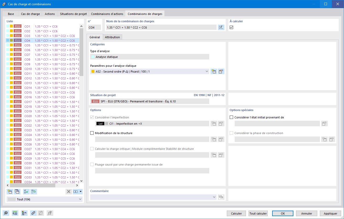 Boite de dialogue « Cas de charge et combinaisons », onglet « Combinaisons de charges »