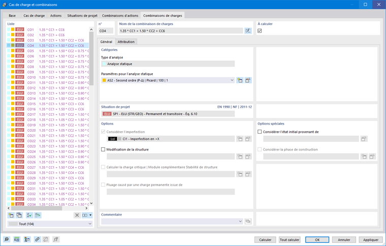 Boite de dialogue « Cas de charge et combinaisons », onglet « Combinaisons de charges »