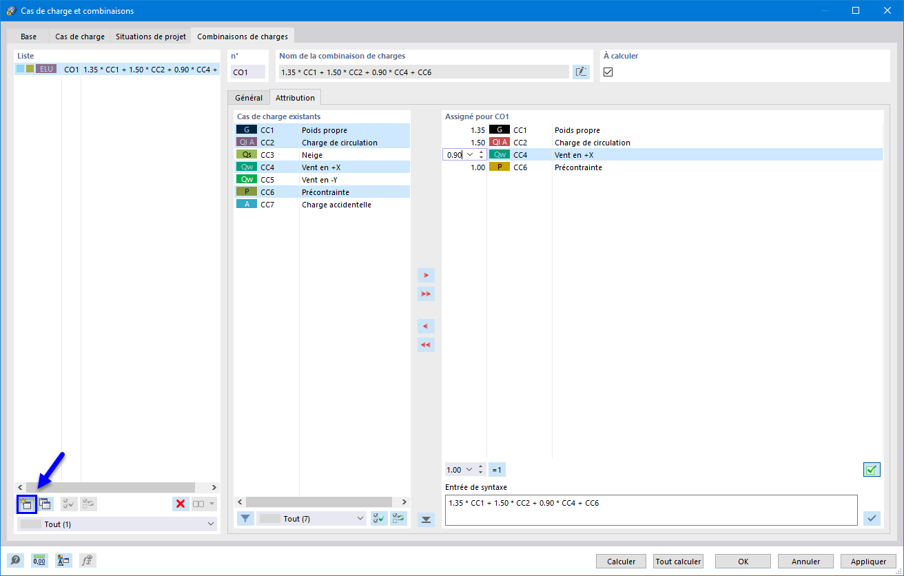 Définir manuellement une combinaison de charges