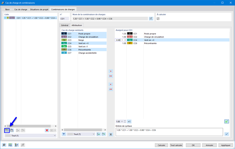 Définir manuellement une combinaison de charges