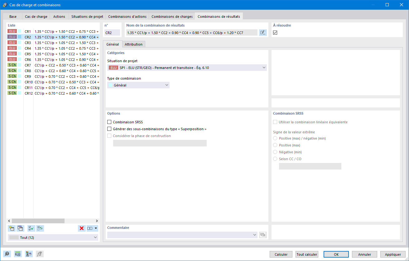Boite de dialogue « Cas de charges et combinaisons », onglet « Combinaisons de résultats »