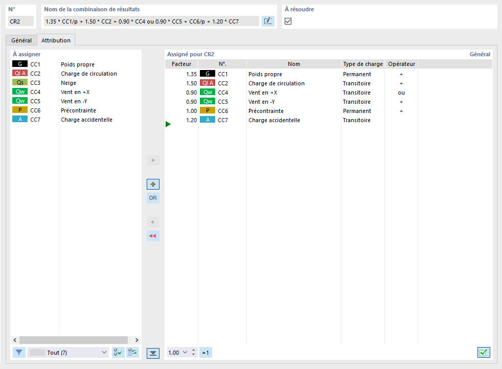 Attribution des cas de charge pour la combinaison de résultats