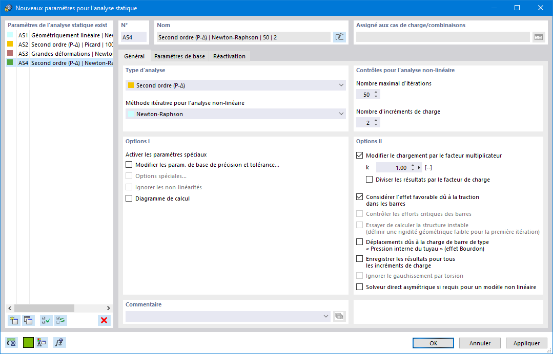 Boîte de dialogue « Nouveaux paramètres pour l’analyse statique »