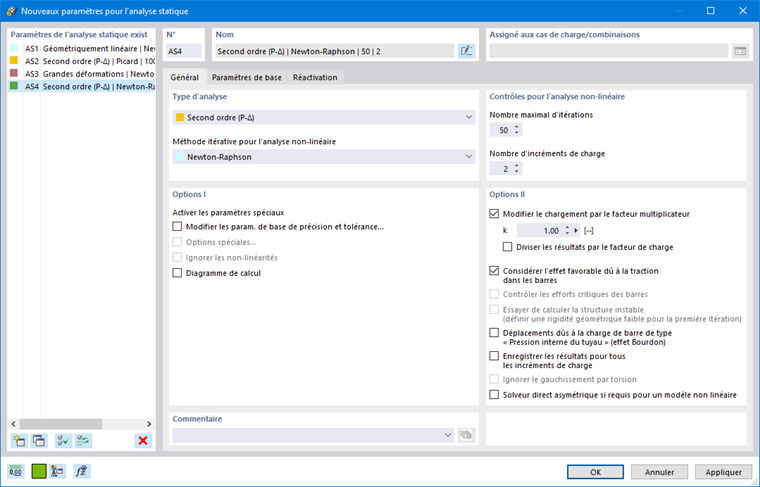 Boîte de dialogue « Nouveaux paramètres pour l’analyse statique »