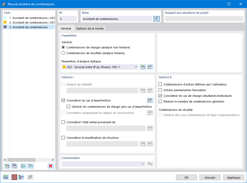 Boîte de dialogue « Nouvel assistant de combinaisons »