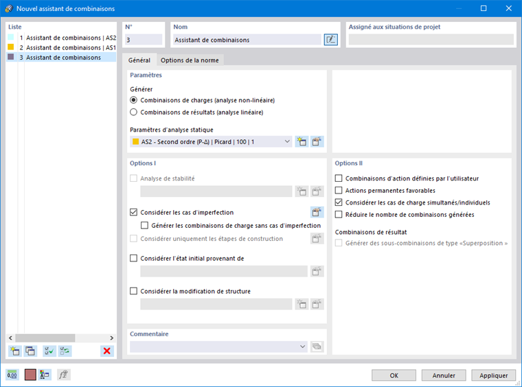 Boîte de dialogue « Nouvel assistant de combinaisons »