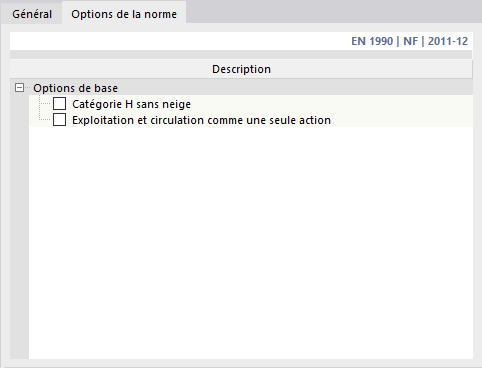 Définition des options de la norme
