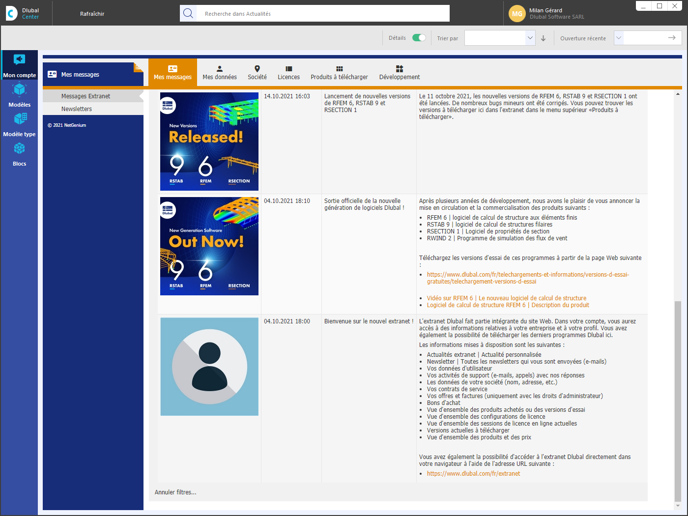 « Mon compte » dans le Dlubal Center