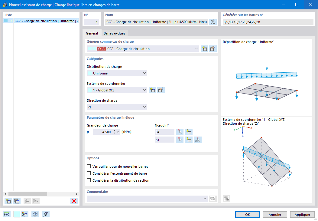 Boîte de dialogue « Nouvel assistant de charge | | Charge linéique libre en charges de barre »