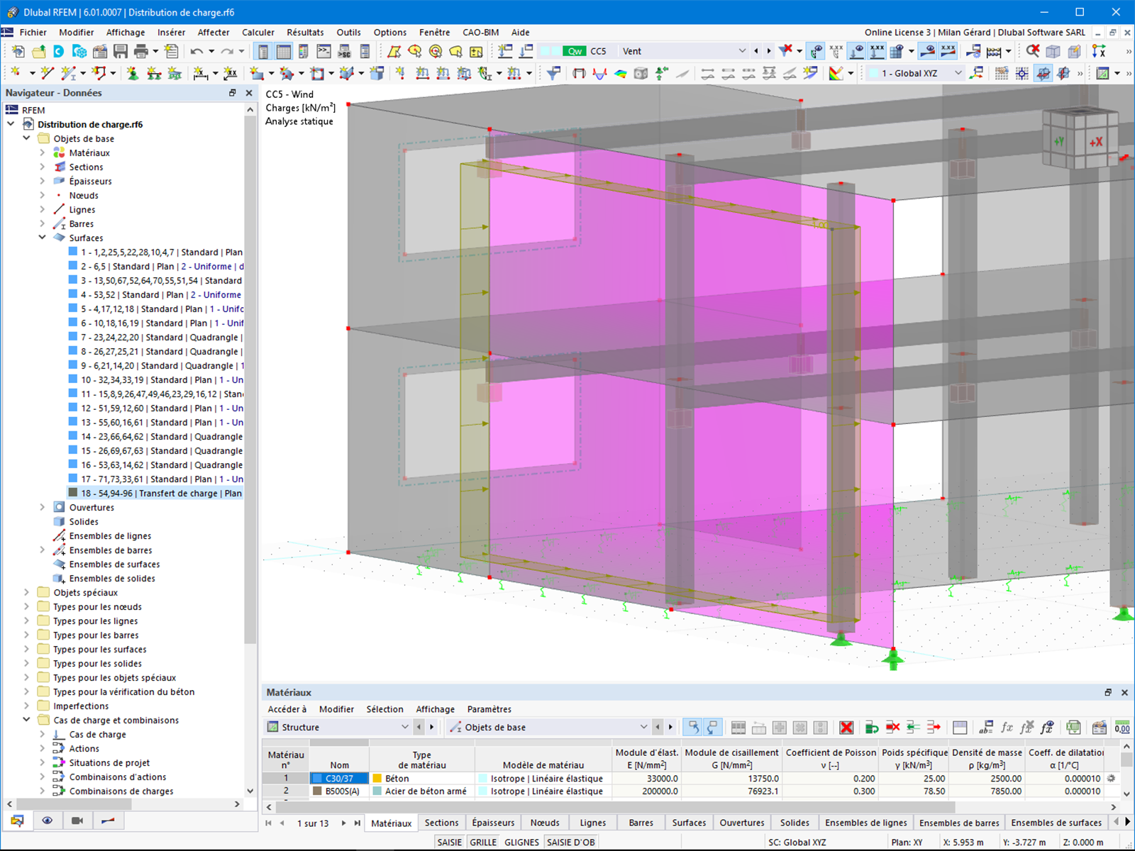 Surface de transfert de charge pour considérer les charges de vent sur la façade