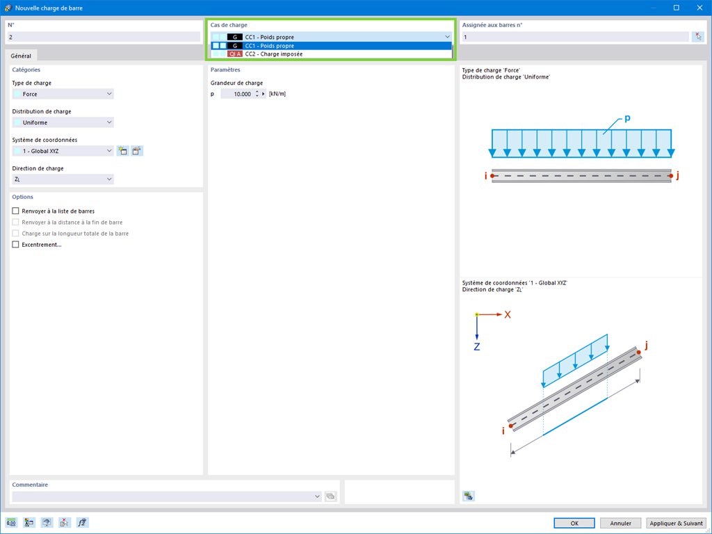 Modification du cas de charge pour la charge de barre