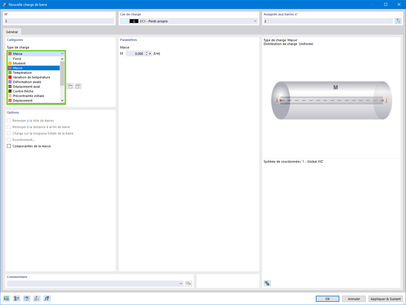 Type de charge « Masse » dans la liste de charges