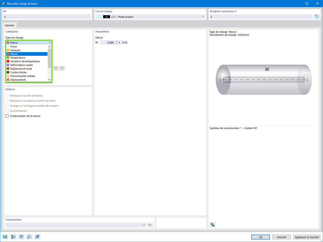 Type de charge « Masse » dans la liste de charges
