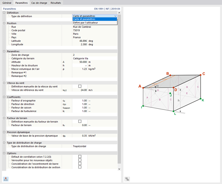 Définition des paramètres de charge de vent