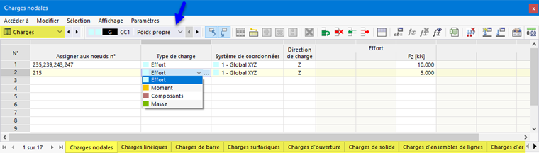Charges dans le tableau