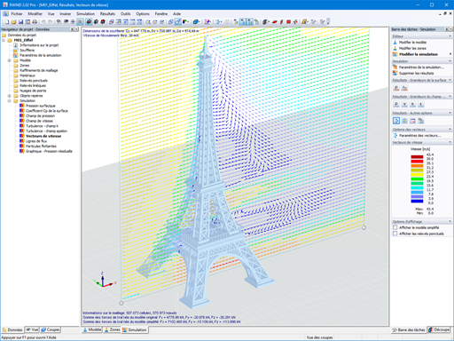 Vecteurs de vitesse des flux de vent sur le modèle de la tour Eiffel dans RWIND