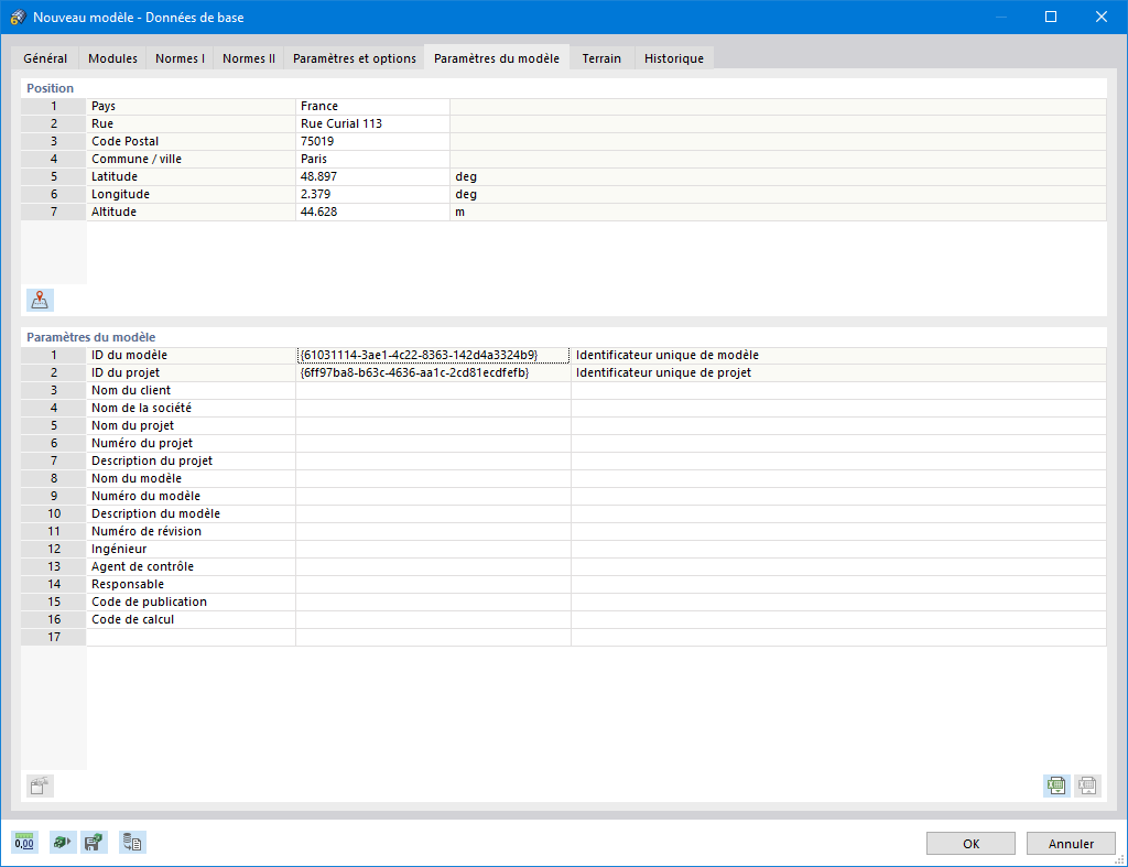 Paramètres globaux du modèle