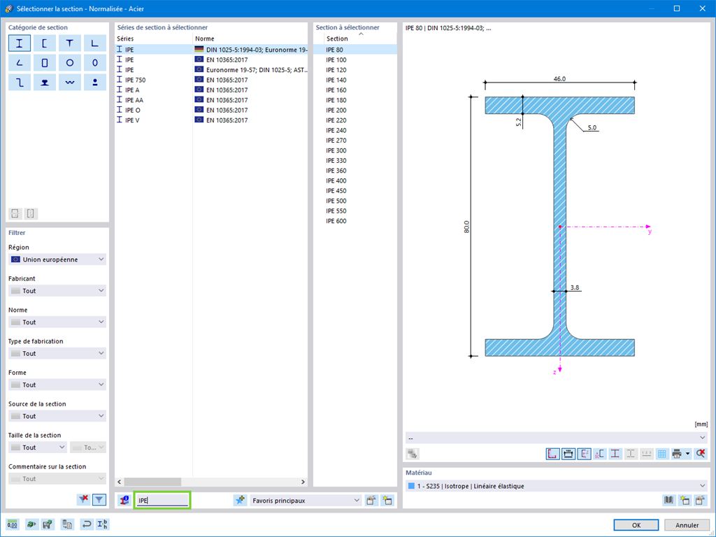 Bibliothèque de sections avec courte recherche textuelle