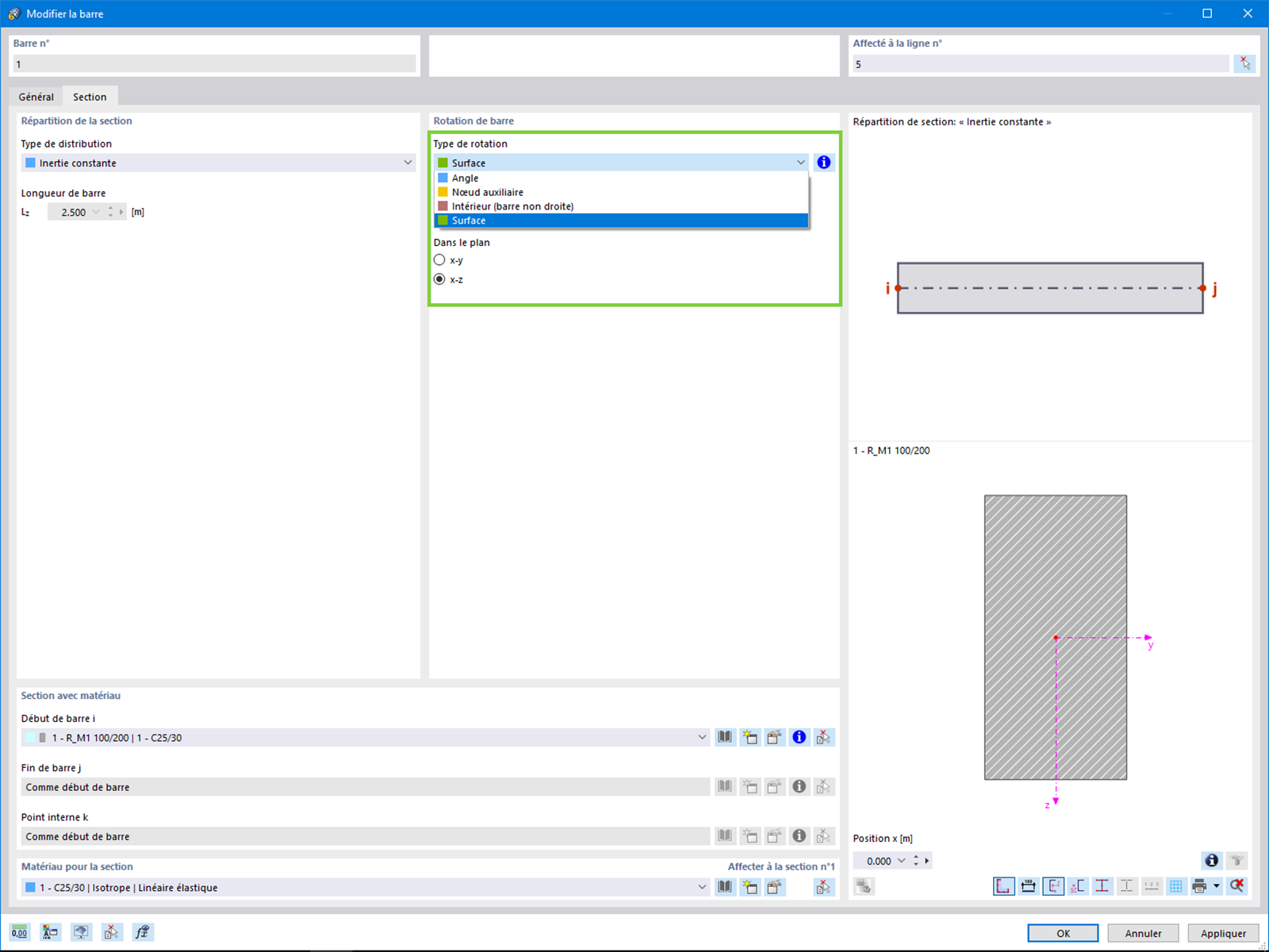 Rotation de barre dans la direction des axes de surface locaux