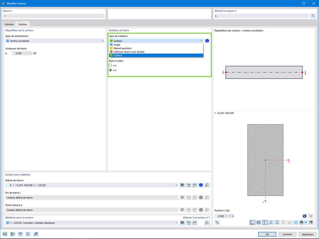 Rotation de barre dans la direction des axes de surface locaux