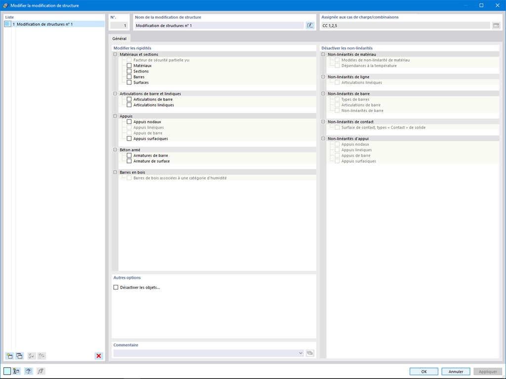 Boîte de dialogue de modification de la structure