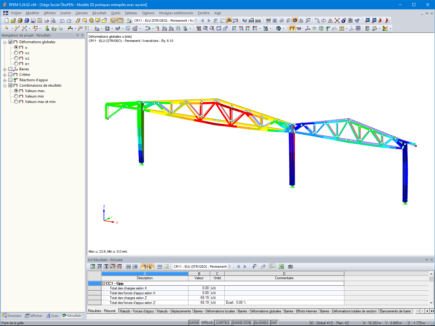 Affichage de la déformation du portique avec auvent de l'espace de stockage dans RFEM