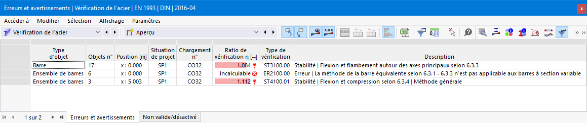 Tableau de résultats pour les erreurs et les avertissements dans « Vérification de l'acier »