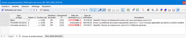 Tableau de résultats pour les erreurs et les avertissements dans « Vérification de l'acier »