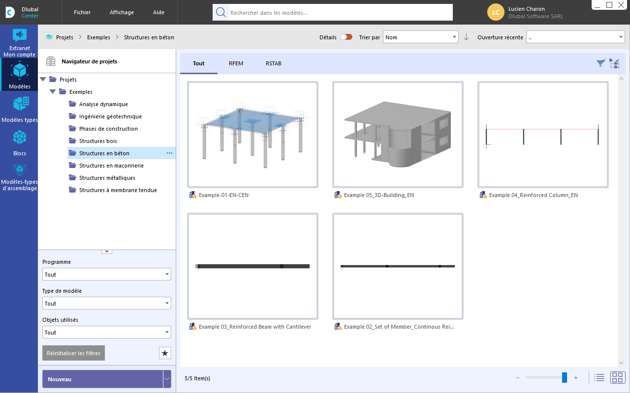 Navigateur de projet dans le Dlubal Center