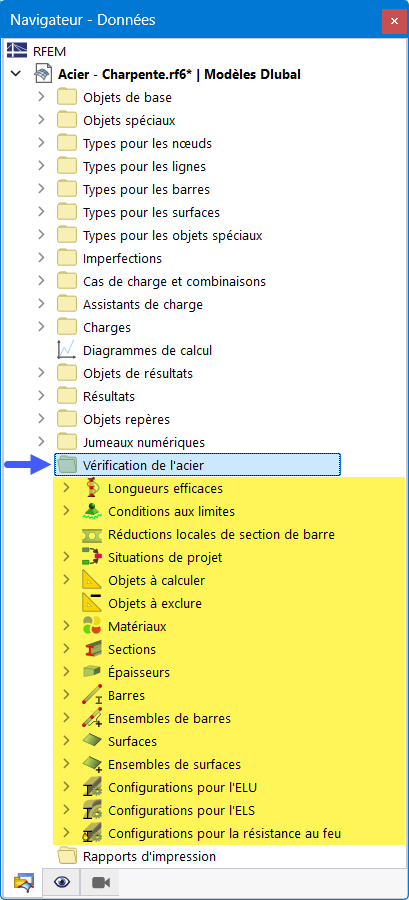 Catégorie « Vérification de l’acier » dans le navigateur Données