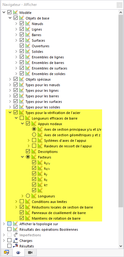 Options d'affichage des types pour la vérification de l'acier dans le Navigateur - Afficher