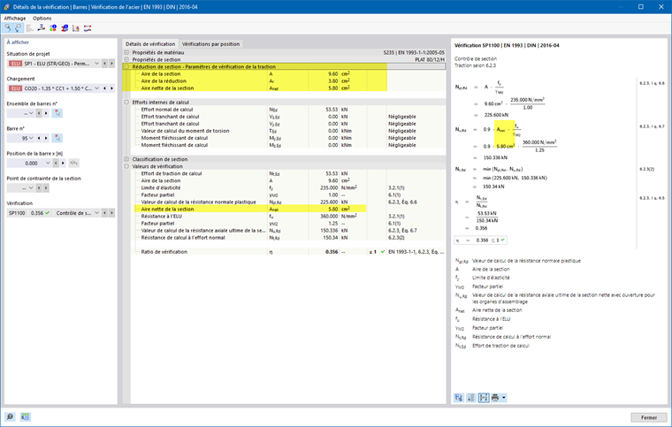 Détails de vérification pour la vérification de l’acier - Vérification de la traction avec réduction locale de section