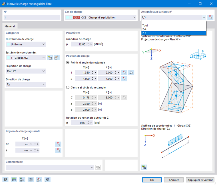 Boîte de dialogue « Nouvelle charge rectangulaire libre »