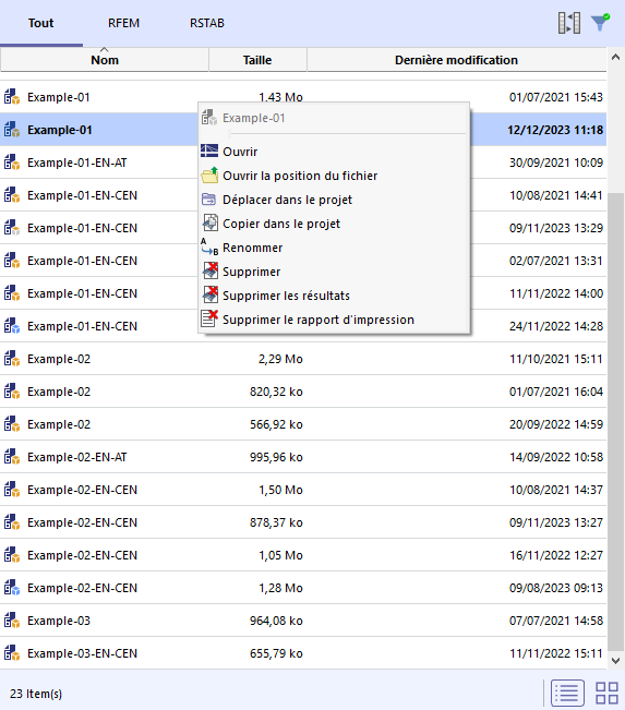 Modèles affichés dans une liste avec le menu contextuel du modèle