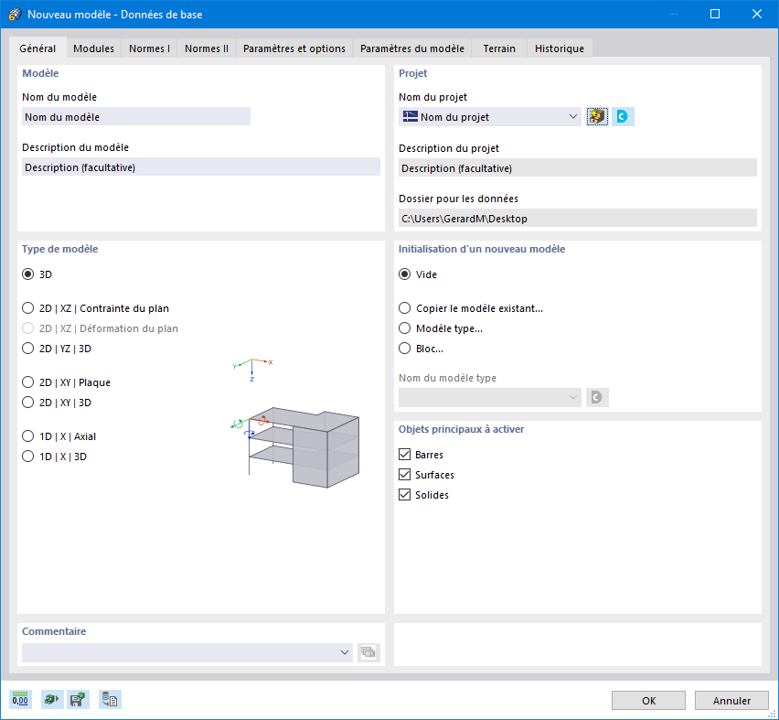 Boîte de dialogue « Nouveau modèle - Données de base », onglet « Général »