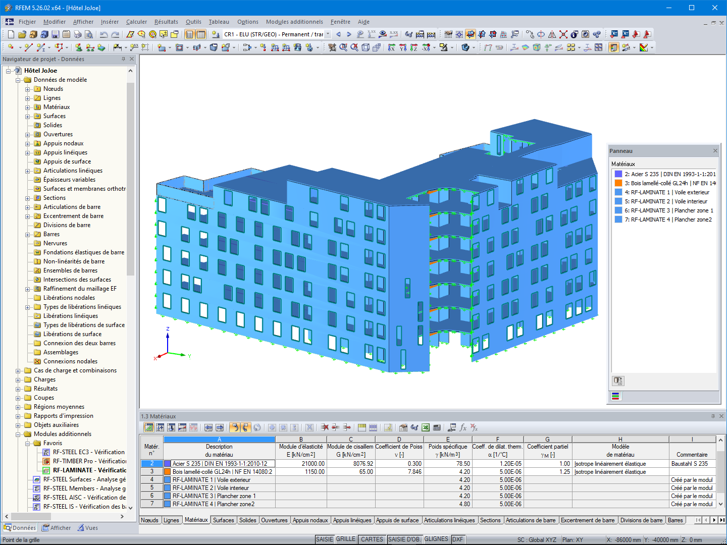 Modèle de structure en bois de l'hôtel dans RFEM